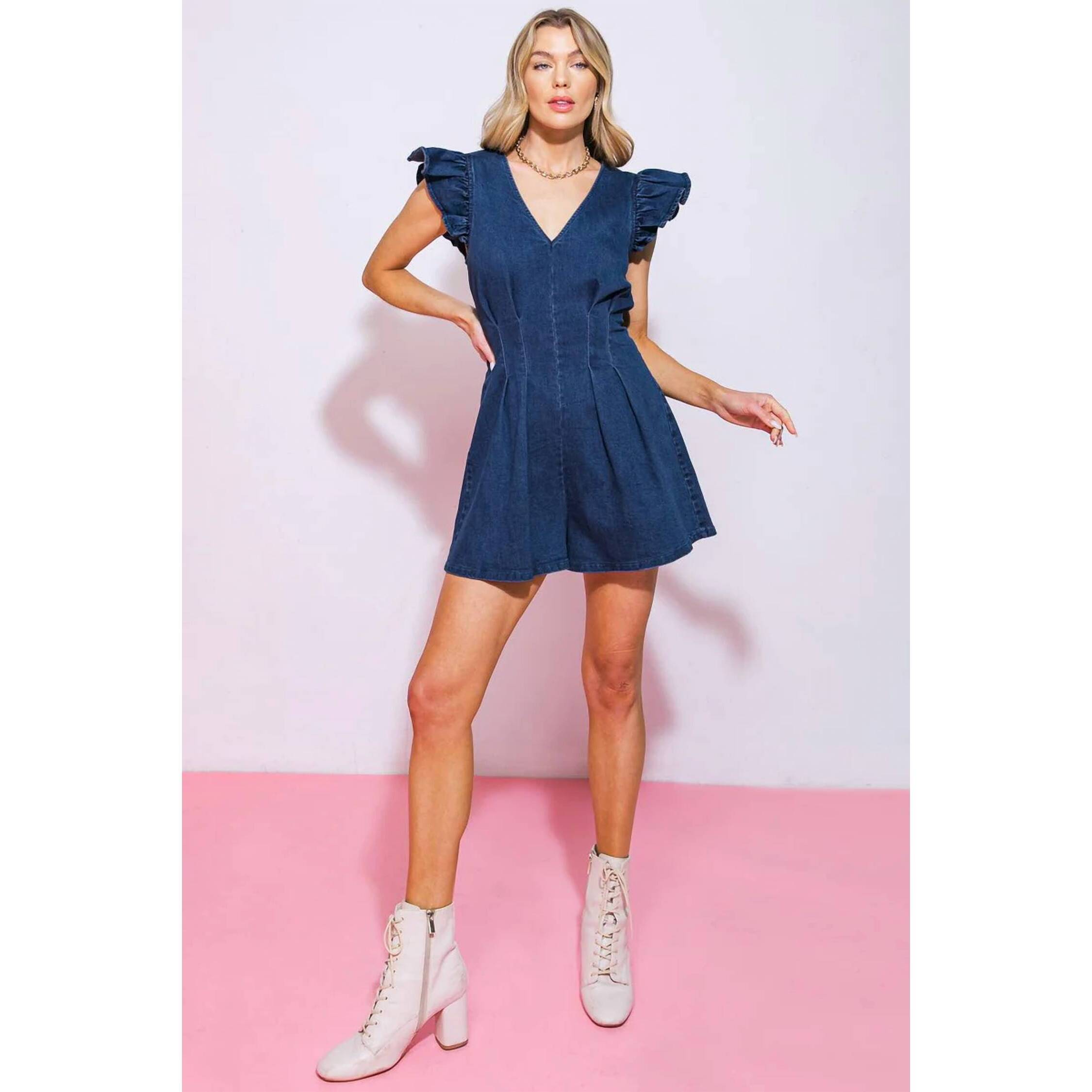New Flying Tomato Marajo Washed Denim Romper In Medium Indigo